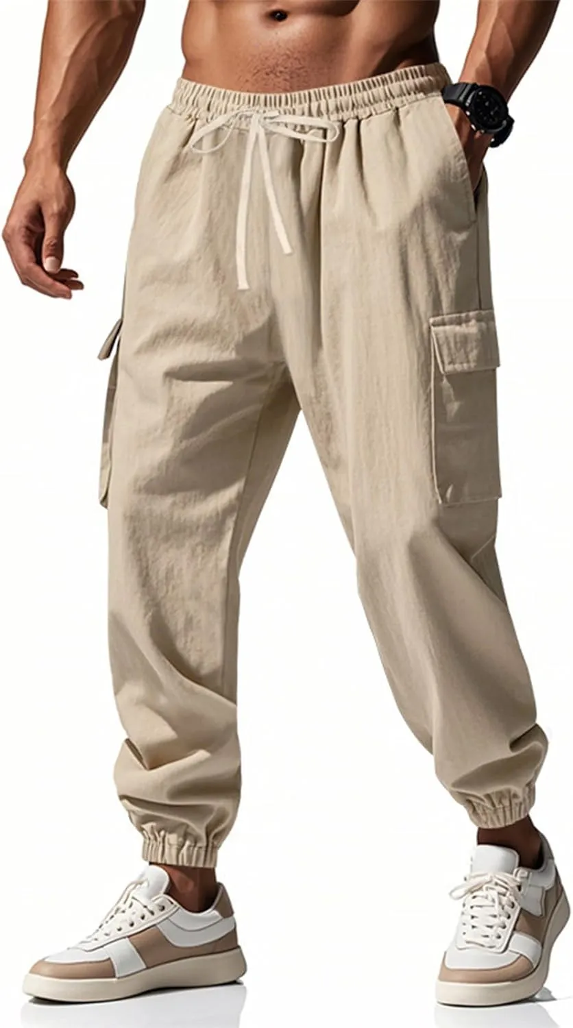 Men's Casual Cargo Joggers Drawstring Straight Leg Breathable Chino Pants Athletic Relaxed Fit Twill Jogging Sweatpants