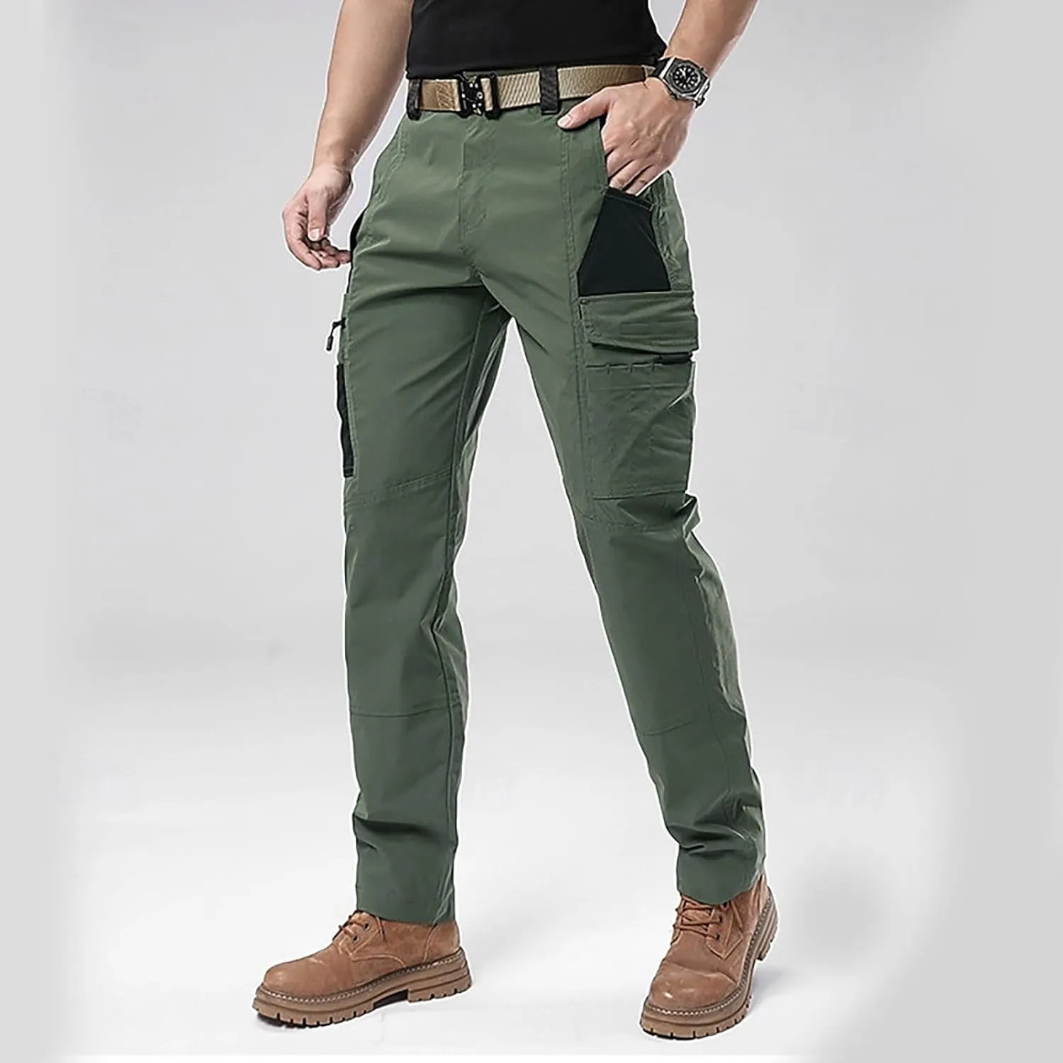 Men's Hiking Cargo Pants Utility Elastic Waist Pockets Ripstop Breathable Tactical Pants Stretch Jogging Sweatpants