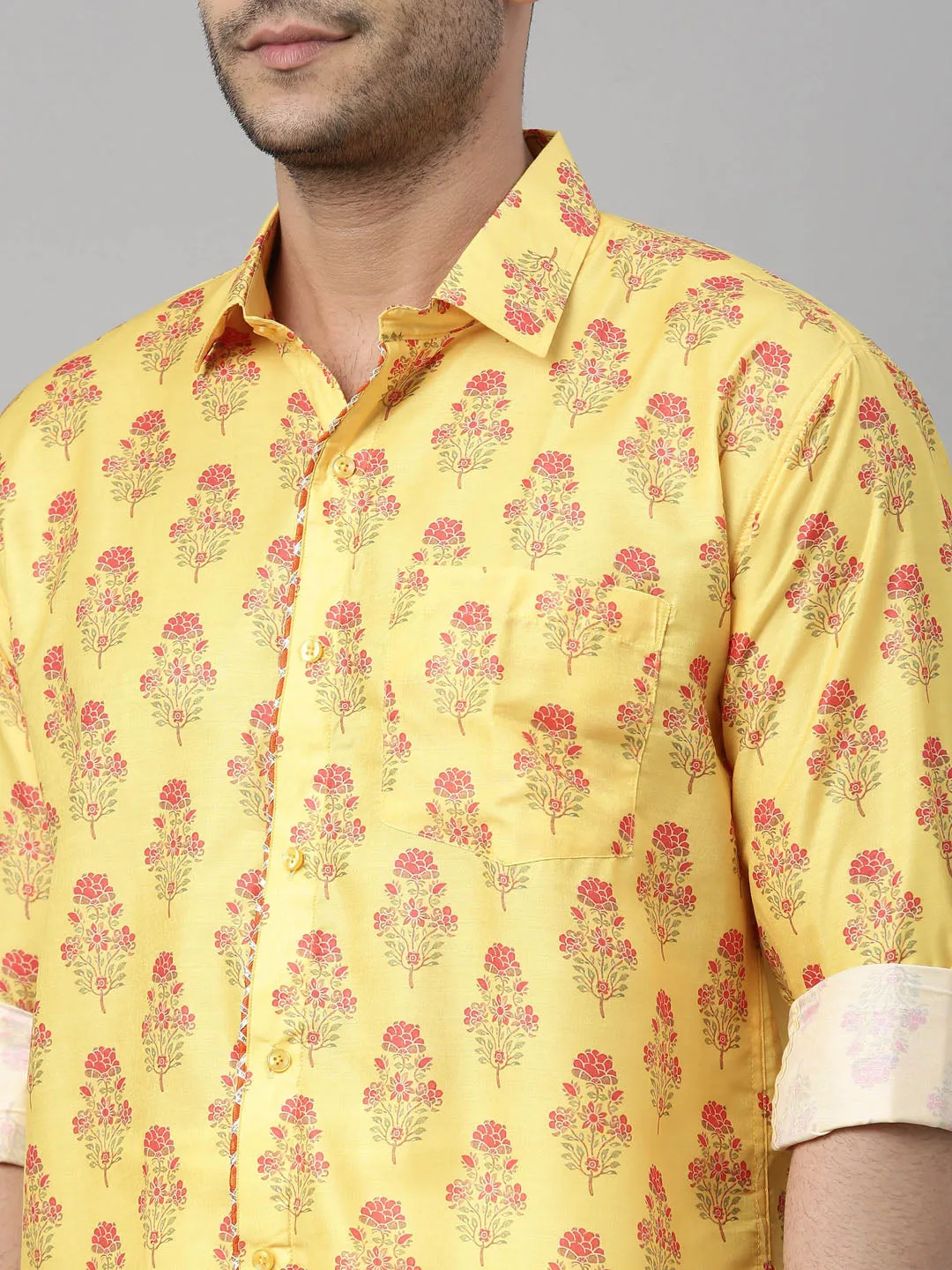 Men's Multicolor-Base-Mustard And White Muslin Blend Shirt And Mundu - Vastramay
