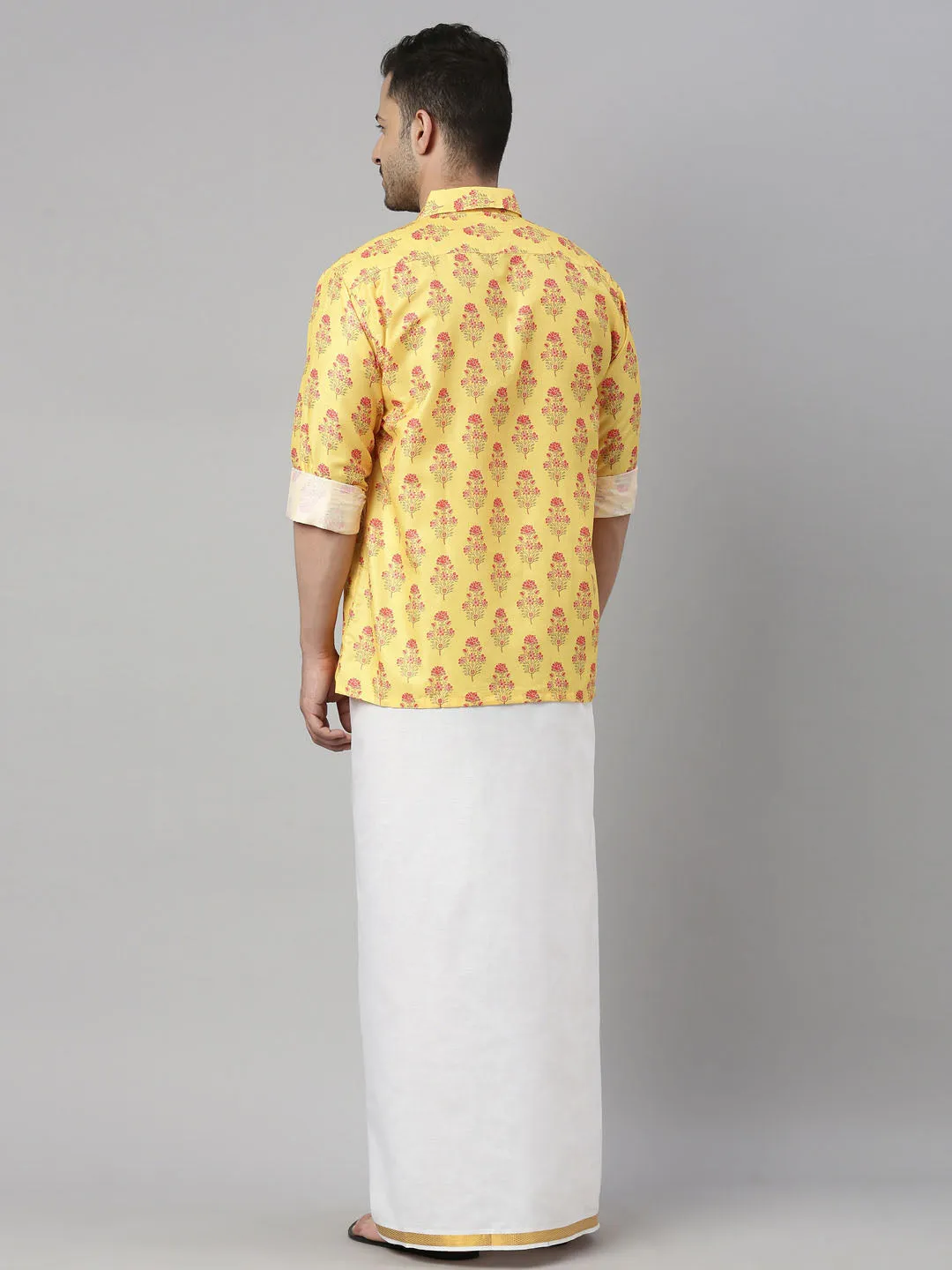 Men's Multicolor-Base-Mustard And White Muslin Blend Shirt And Mundu - Vastramay