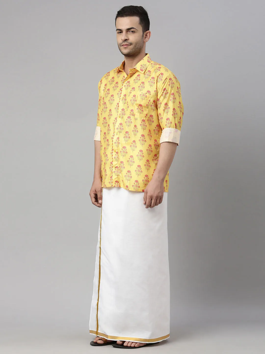Men's Multicolor-Base-Mustard And White Muslin Blend Shirt And Mundu - Vastramay