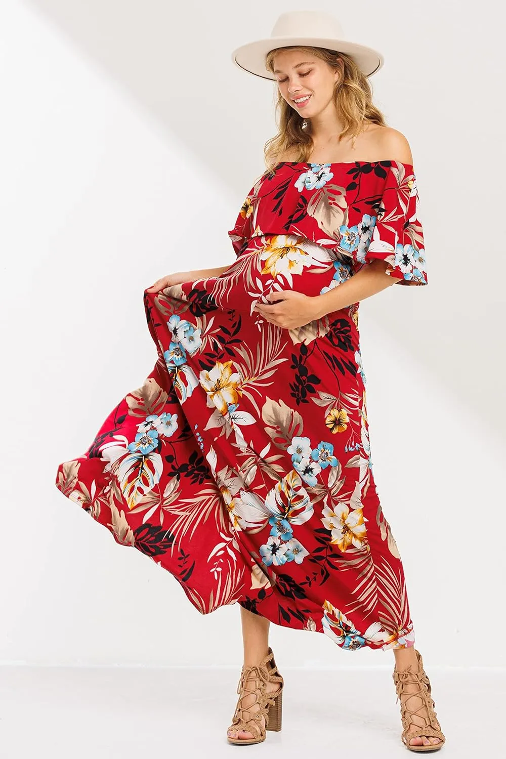 My Bump Women's Ruffle Off The Shoulder Maxi Maternity Dress-Made in USA