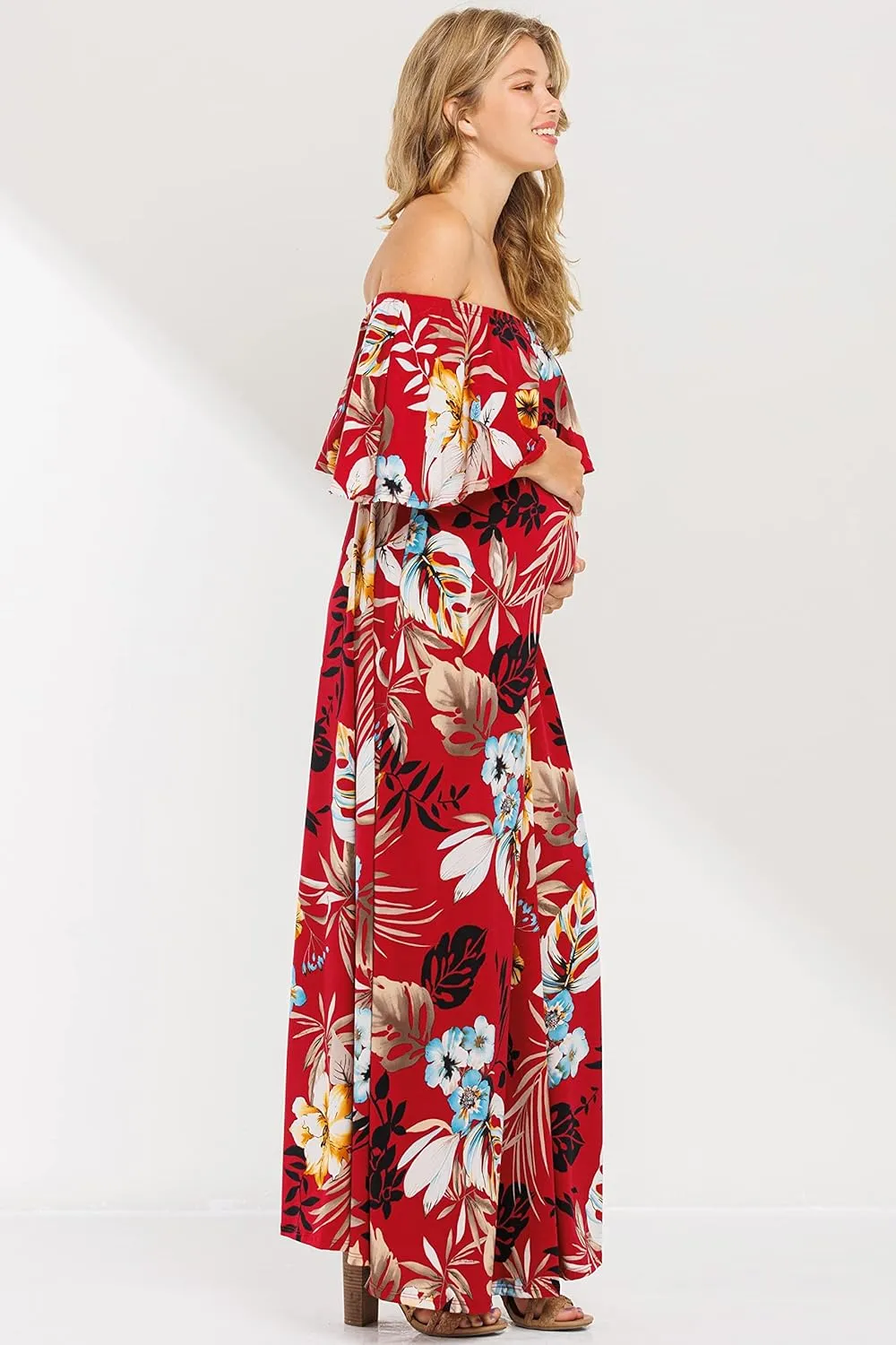 My Bump Women's Ruffle Off The Shoulder Maxi Maternity Dress-Made in USA