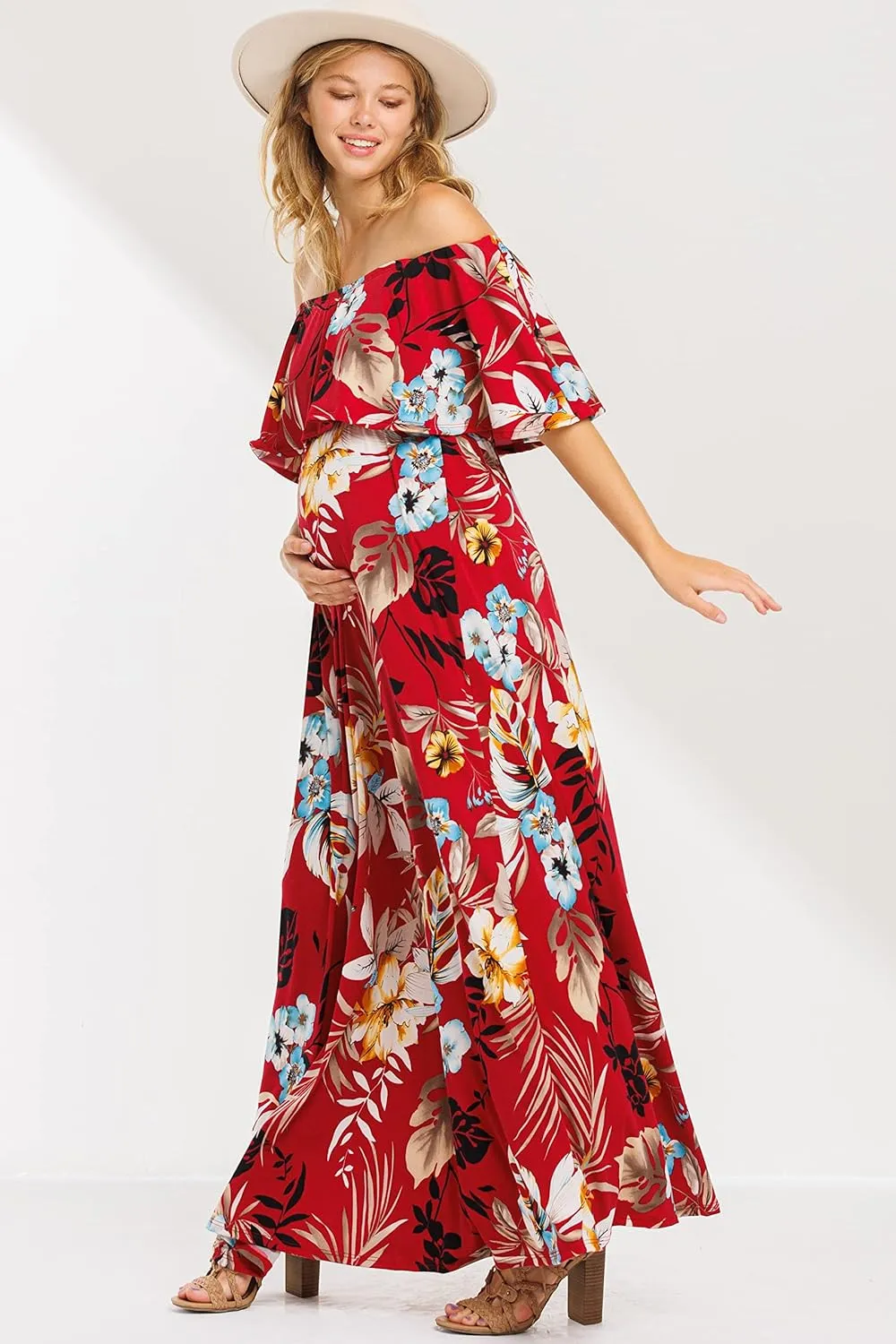 My Bump Women's Ruffle Off The Shoulder Maxi Maternity Dress-Made in USA