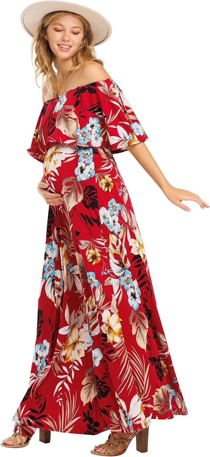 My Bump Women's Ruffle Off The Shoulder Maxi Maternity Dress-Made in USA