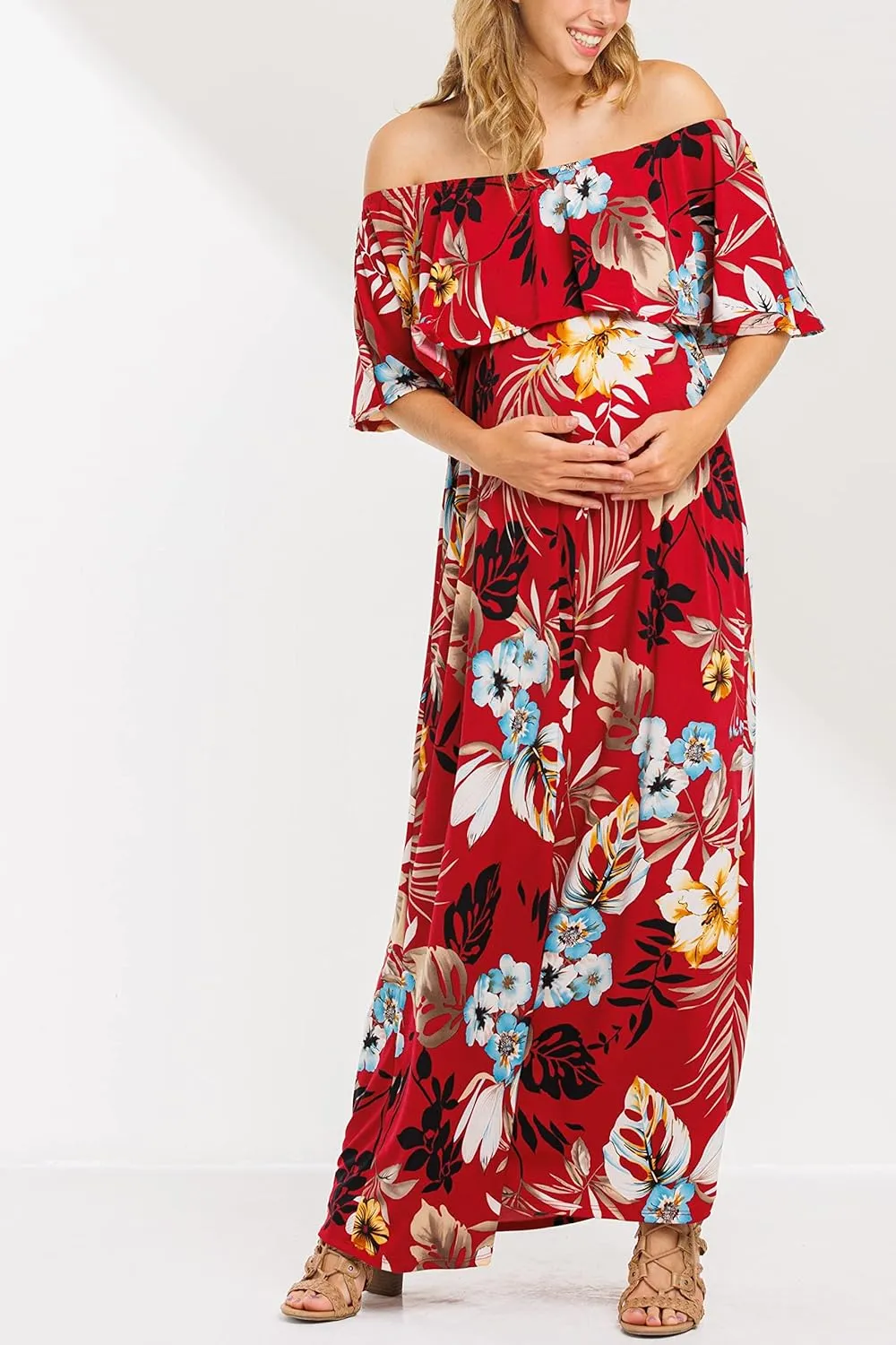 My Bump Women's Ruffle Off The Shoulder Maxi Maternity Dress-Made in USA