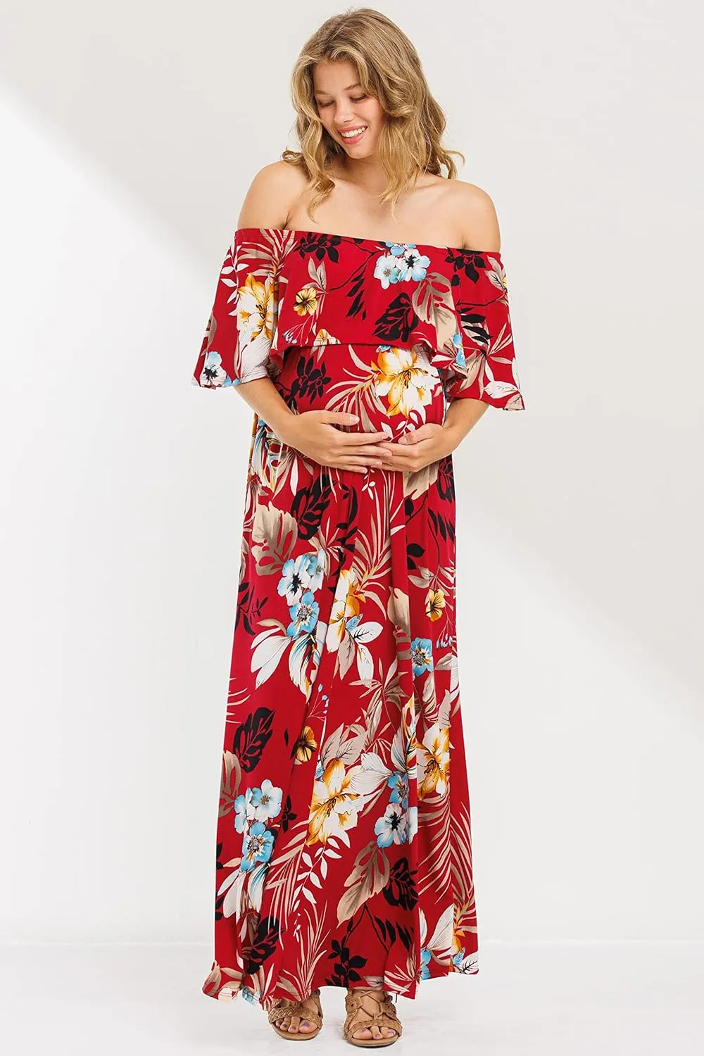 My Bump Women's Ruffle Off The Shoulder Maxi Maternity Dress-Made in USA