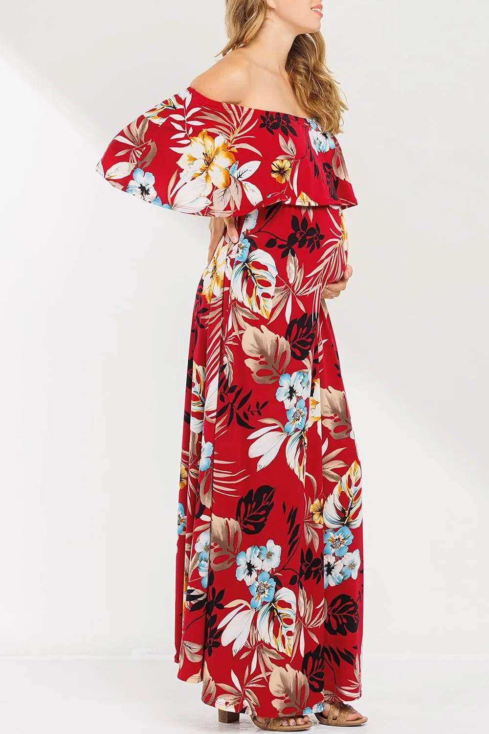 My Bump Women's Ruffle Off The Shoulder Maxi Maternity Dress-Made in USA