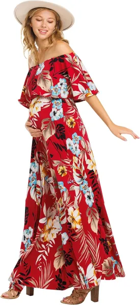 My Bump Women's Ruffle Off The Shoulder Maxi Maternity Dress-Made in USA My Bump Women's Ruffle Off The Shoulder Maxi Maternity Dress-Made in USA