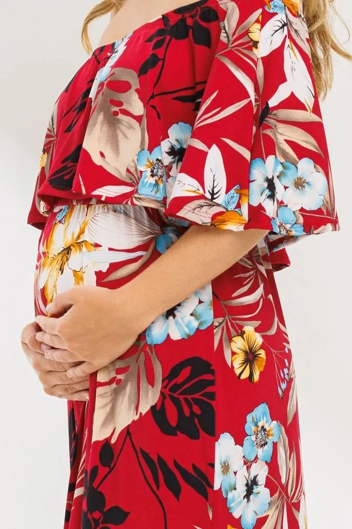 My Bump Women's Ruffle Off The Shoulder Maxi Maternity Dress-Made in USA