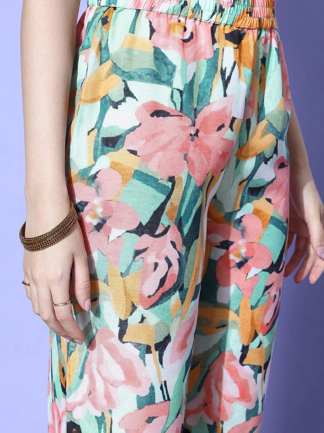 Peach Floral Printed Shirt Collar Straight Kurta Paired With Tonal Bottom