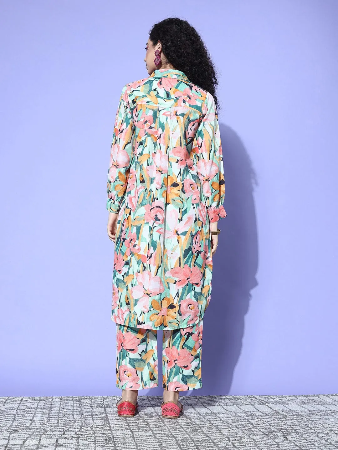 Peach Floral Printed Shirt Collar Straight Kurta Paired With Tonal Bottom
