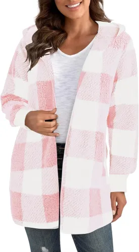 Plaid Shacket Women Long Sleeve Hooded Sherpa Fleece Jacket Fuzzy Open Front Cardigan Sweaters Winter Warm Teddy Coat Plaid Shacket Women Long Sleeve Hooded Sherpa Fleece Jacket Fuzzy Open Front Cardigan Sweaters Winter Warm Teddy Coat