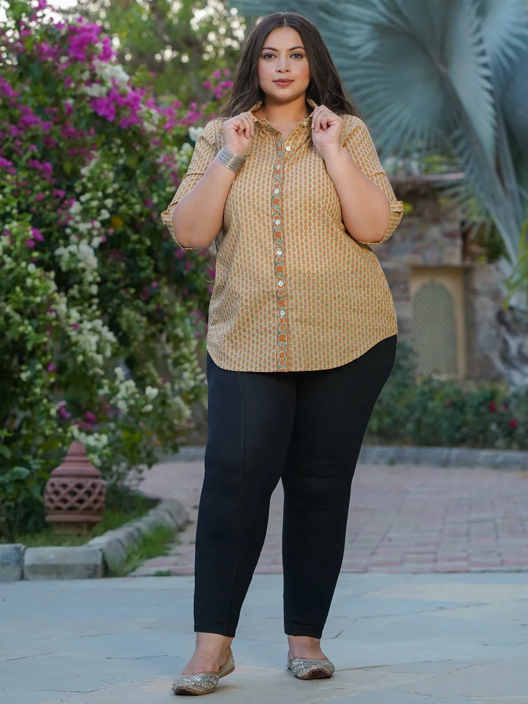 Plus Size Yellow Ethnic Floral Printed Cotton Shirt