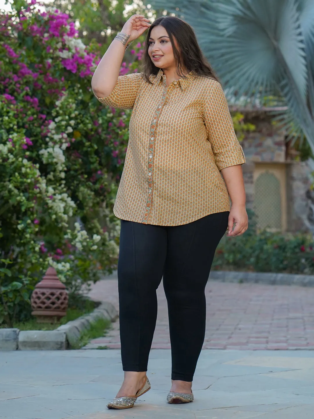 Plus Size Yellow Ethnic Floral Printed Cotton Shirt