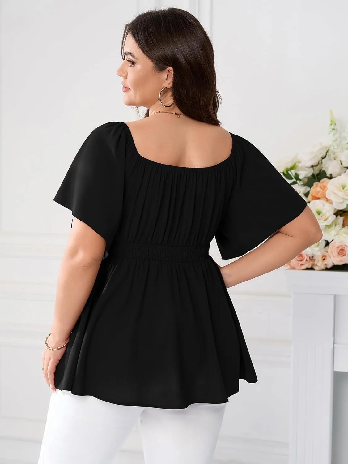 SCOMCHIC Womens Plus Size Peplum Tops Off The Shoulder Blouses Smocked Ruffle Babydoll Summer Top