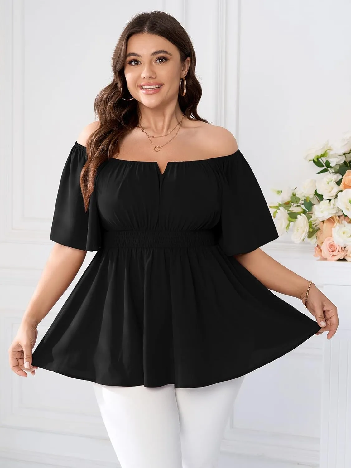 SCOMCHIC Womens Plus Size Peplum Tops Off The Shoulder Blouses Smocked Ruffle Babydoll Summer Top