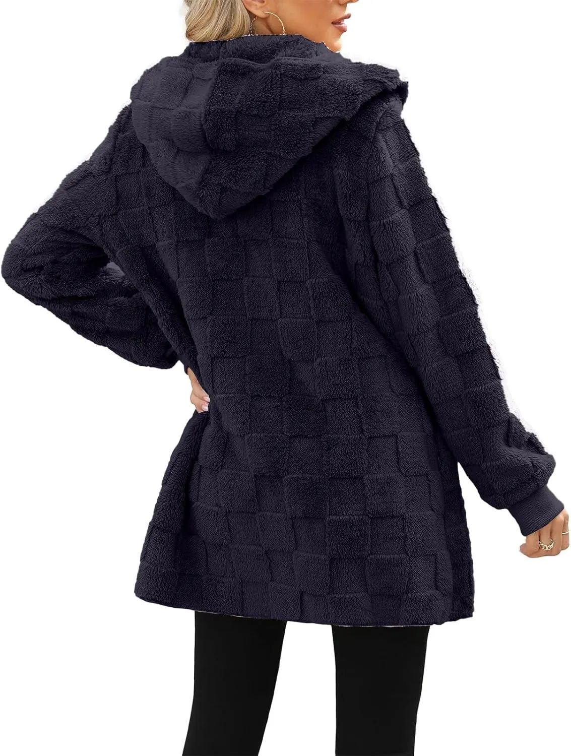 Sherpa Jacket Women Fuzzy Open Front Fleece Lined Jackets Soft Warm Hooded Cardigan Sweater Winter Coat with Pockets