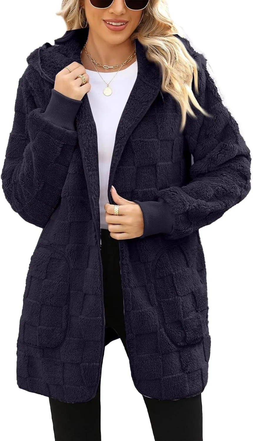 Sherpa Jacket Women Fuzzy Open Front Fleece Lined Jackets Soft Warm Hooded Cardigan Sweater Winter Coat with Pockets