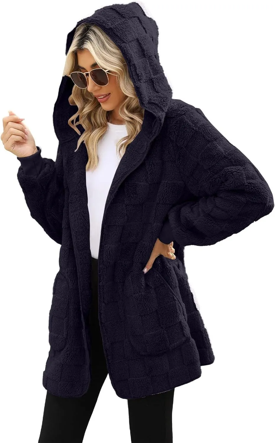 Sherpa Jacket Women Fuzzy Open Front Fleece Lined Jackets Soft Warm Hooded Cardigan Sweater Winter Coat with Pockets