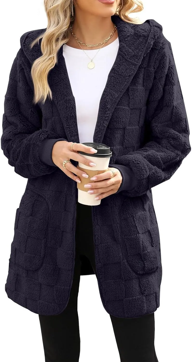 Sherpa Jacket Women Fuzzy Open Front Fleece Lined Jackets Soft Warm Hooded Cardigan Sweater Winter Coat with Pockets