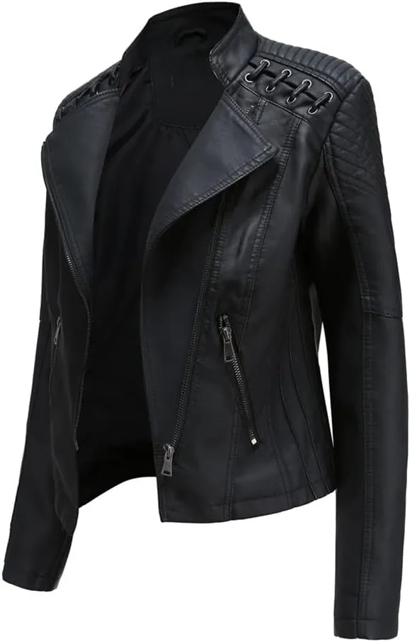 Sister Amy Women PU Leather Jacket Women Bomber Jacket Cropped Jacket Moto Coat for Biker