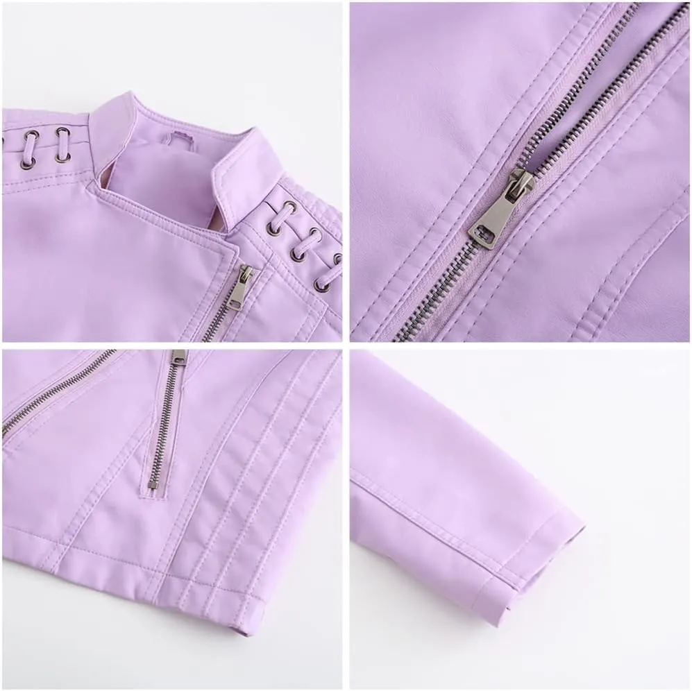 Sister Amy Women PU Leather Jacket Women Bomber Jacket Cropped Jacket Moto Coat for Biker