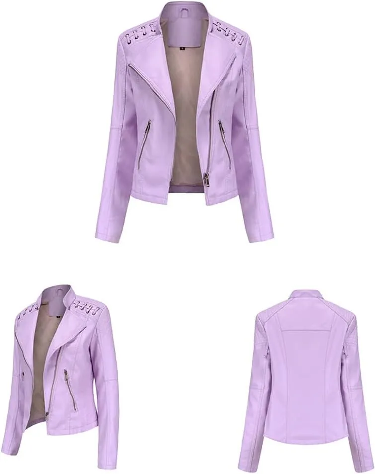 Sister Amy Women PU Leather Jacket Women Bomber Jacket Cropped Jacket Moto Coat for Biker