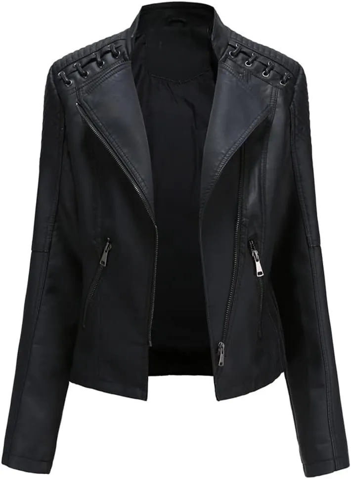 Sister Amy Women PU Leather Jacket Women Bomber Jacket Cropped Jacket Moto Coat for Biker