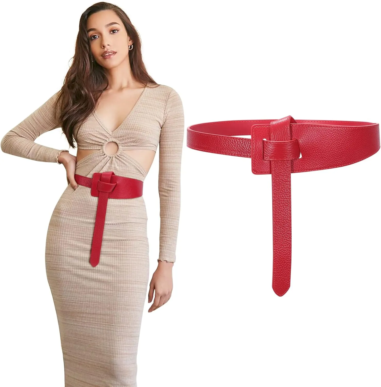 SUOSDEY Womens Genuine Leather Belt for Dress, Tie a Knot Leather Waist Belt for Jumpsuit Coat