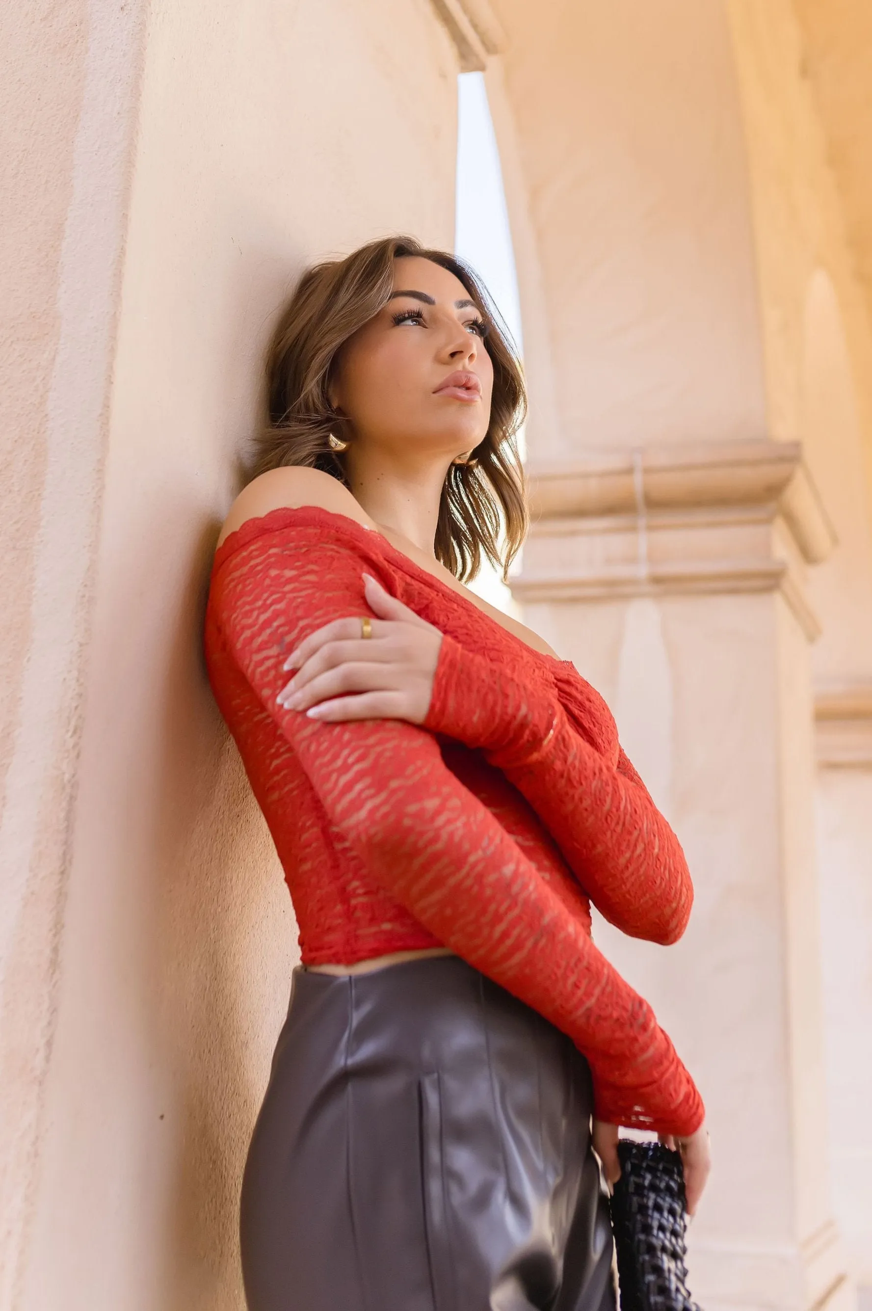 Trisha Long Sleeve Off The Shoulder Lace Top Red
