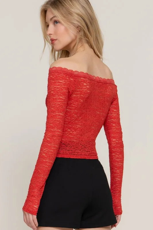 Trisha Long Sleeve Off The Shoulder Lace Top Red