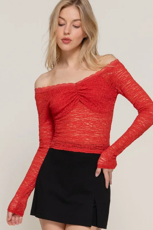 Trisha Long Sleeve Off The Shoulder Lace Top Red