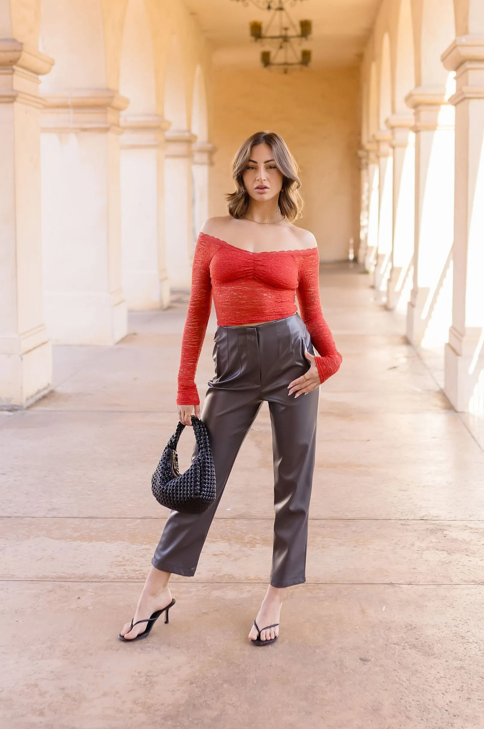 Trisha Long Sleeve Off The Shoulder Lace Top Red