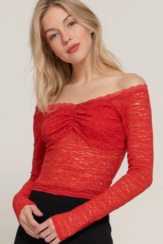 Trisha Long Sleeve Off The Shoulder Lace Top Red