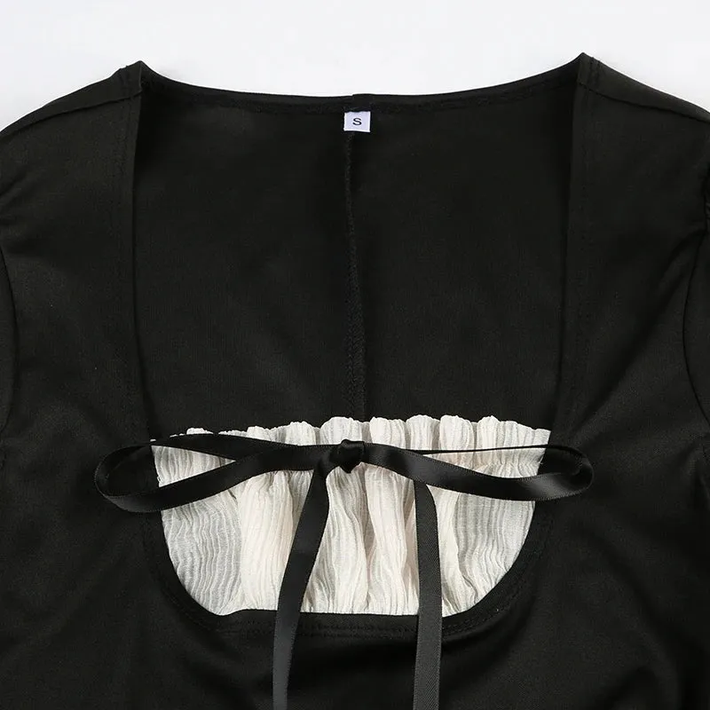 Uniwim Black Ruffles Patchwork Tie-Up Mini Dress