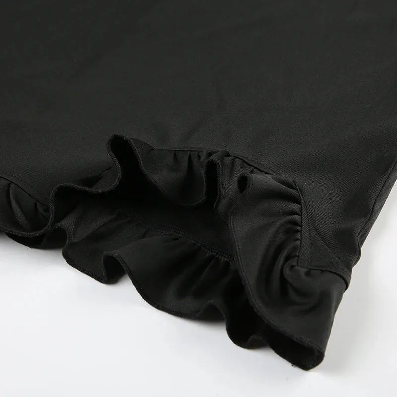 Uniwim Black Ruffles Patchwork Tie-Up Mini Dress