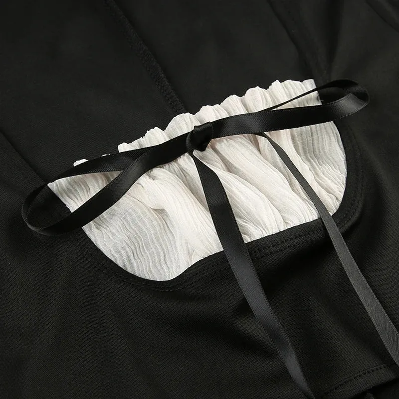 Uniwim Black Ruffles Patchwork Tie-Up Mini Dress