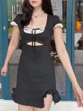 Uniwim Black Ruffles Patchwork Tie-Up Mini Dress