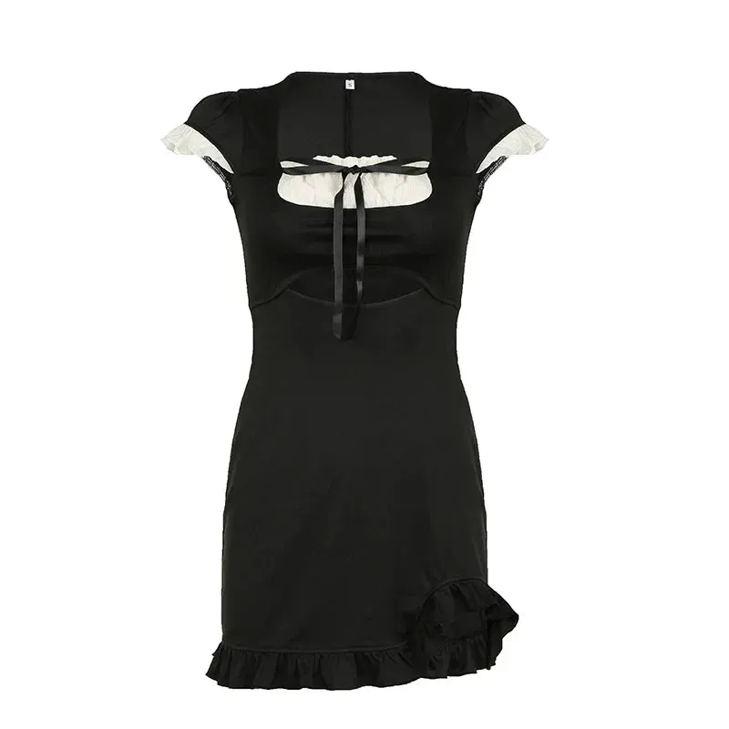 Uniwim Black Ruffles Patchwork Tie-Up Mini Dress