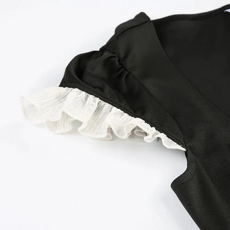 Uniwim Black Ruffles Patchwork Tie-Up Mini Dress