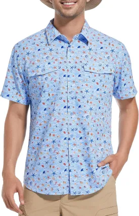 WARHORSEE Printed Fishing Shirts for Men UPF 50  Breathable Stretch Mens Button Down Short Sleeve Hiking Casual Shirts WARHORSEE Printed Fishing Shirts for Men UPF 50  Breathable Stretch Mens Button Down Short Sleeve Hiking Casual Shirts