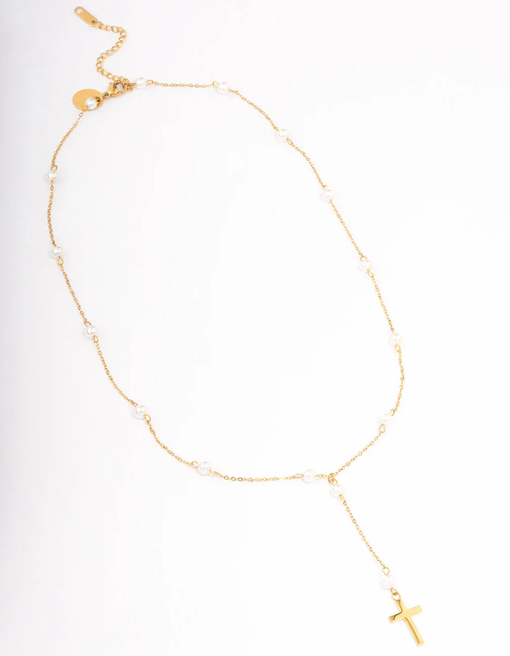 Waterproof Gold Plated Stainless Steel Pearl Station Cross Necklace