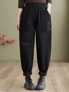 Winter Embroidery Fleece Thickened Loose Jeans Harem Pants