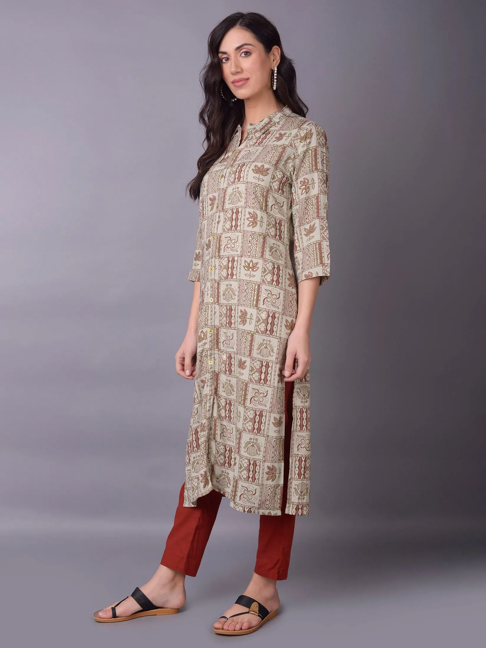 Women Olive Shirt Collar Kurta