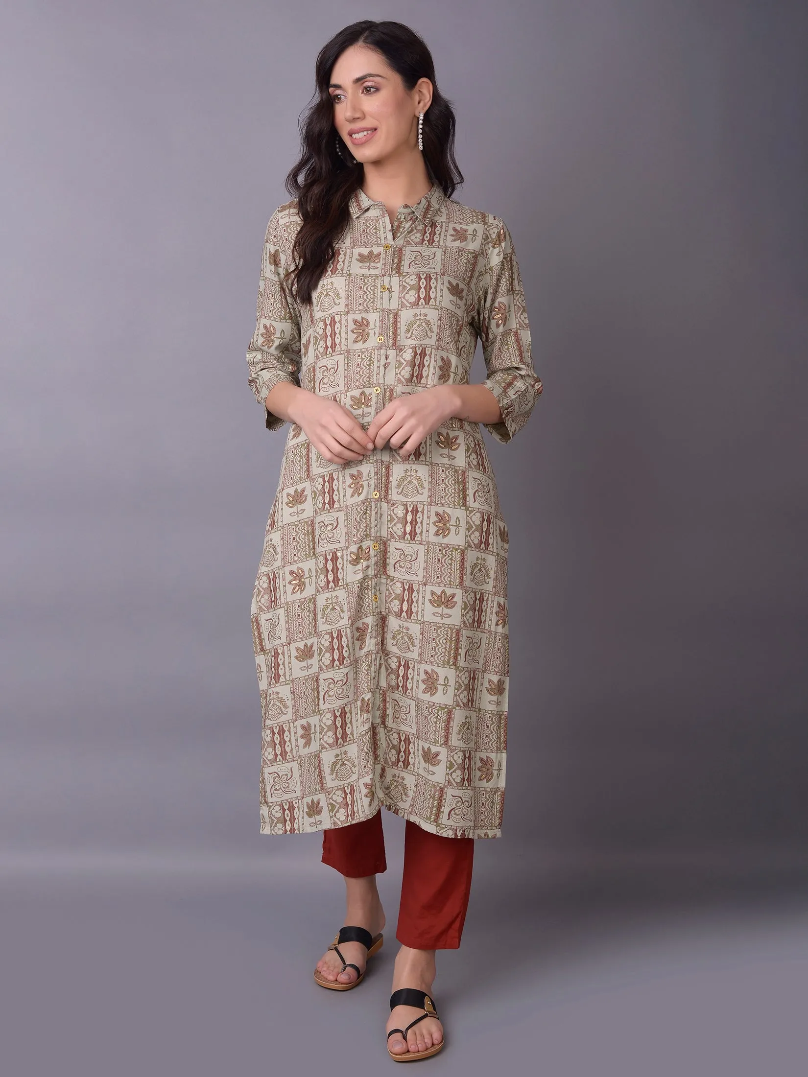 Women Olive Shirt Collar Kurta