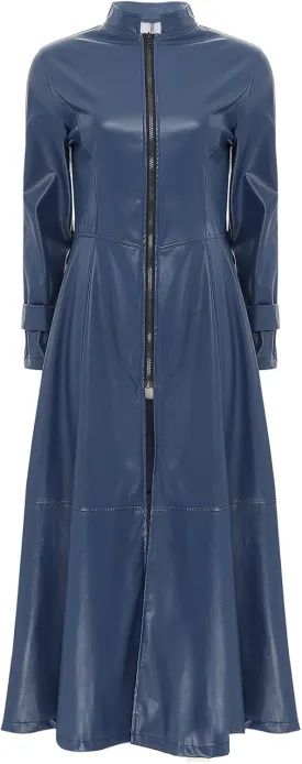 Women's Faux Leather Jacket Trench Coat Fashion Long Sleeves Full Zipper Ankle Length Dress