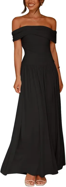Women's Off The Shoulder Maxi Dress Bodycon Ruched Flowy Long Dresses Pleated Formal Dress