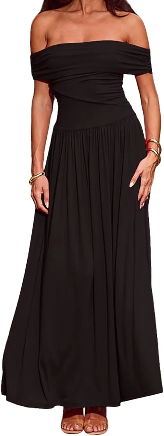 Women's Off The Shoulder Maxi Dress Bodycon Ruched Flowy Long Dresses Pleated Formal Dress