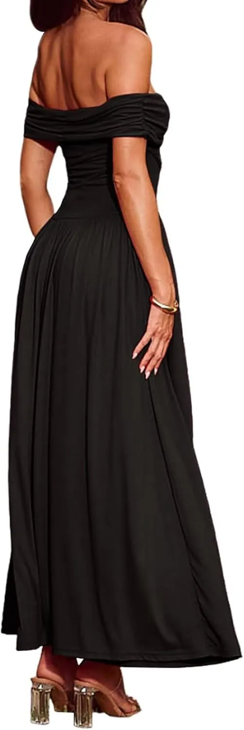 Women's Off The Shoulder Maxi Dress Bodycon Ruched Flowy Long Dresses Pleated Formal Dress